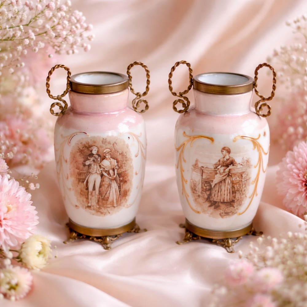 Antique Pair 2 Bristol Glass Urns